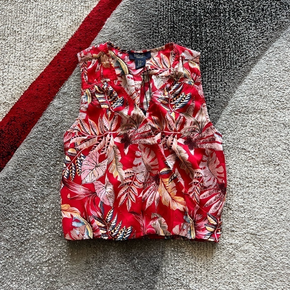 Rachel Roy Red Leaf Print Metallic Sleeveless Top